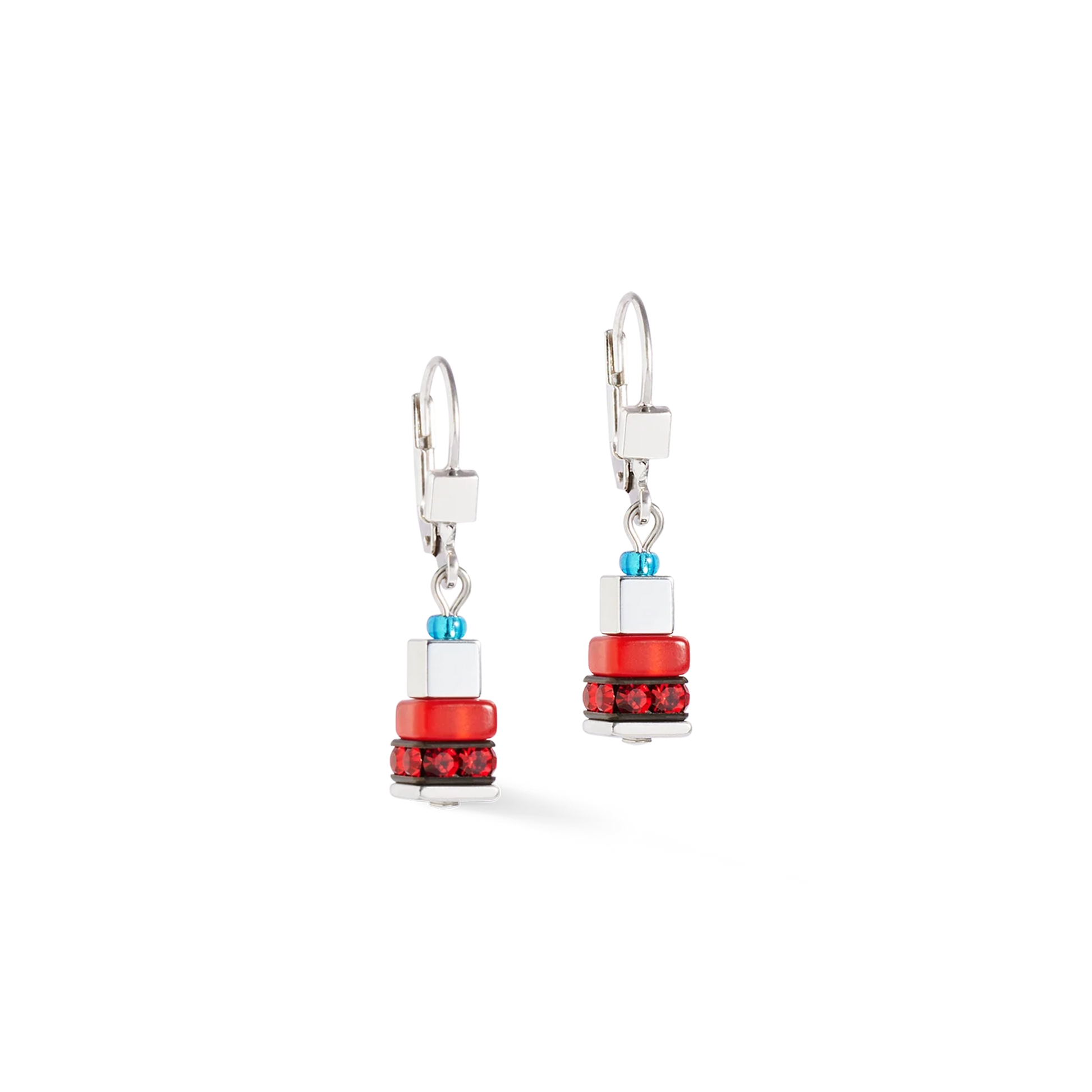Steel drop earrings with red and blue cube stones