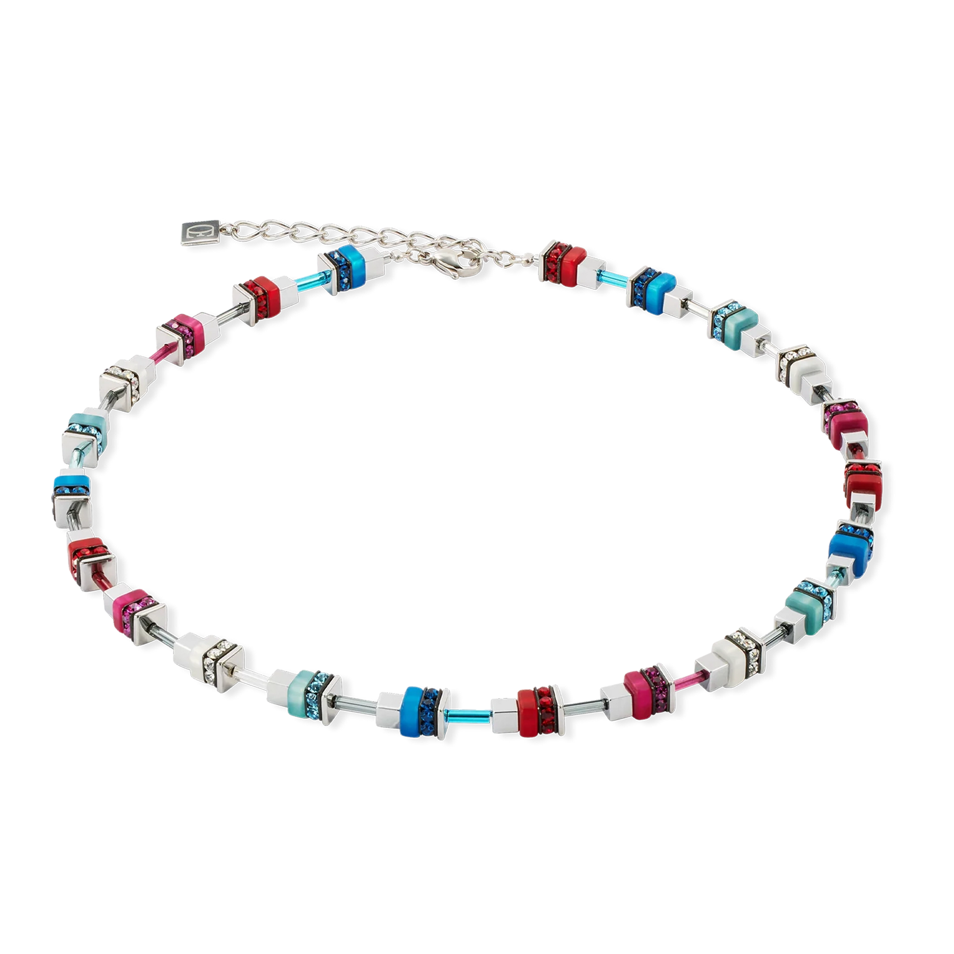 Red and blue stainless steel cube necklace