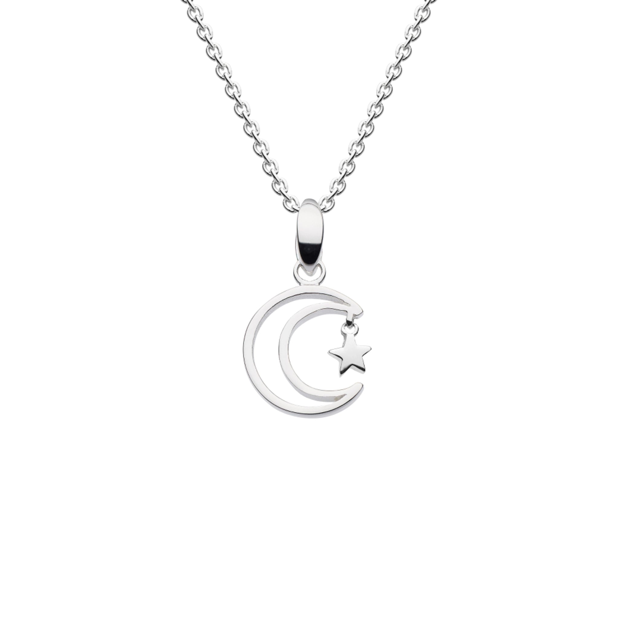 A silver pendant featuring a crescent moon with a drop star and a silver chain