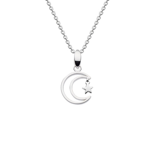 A silver pendant featuring a crescent moon with a drop star and a silver chain