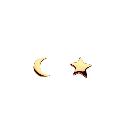 A pair of gold stud earrings with a moon and a star shape