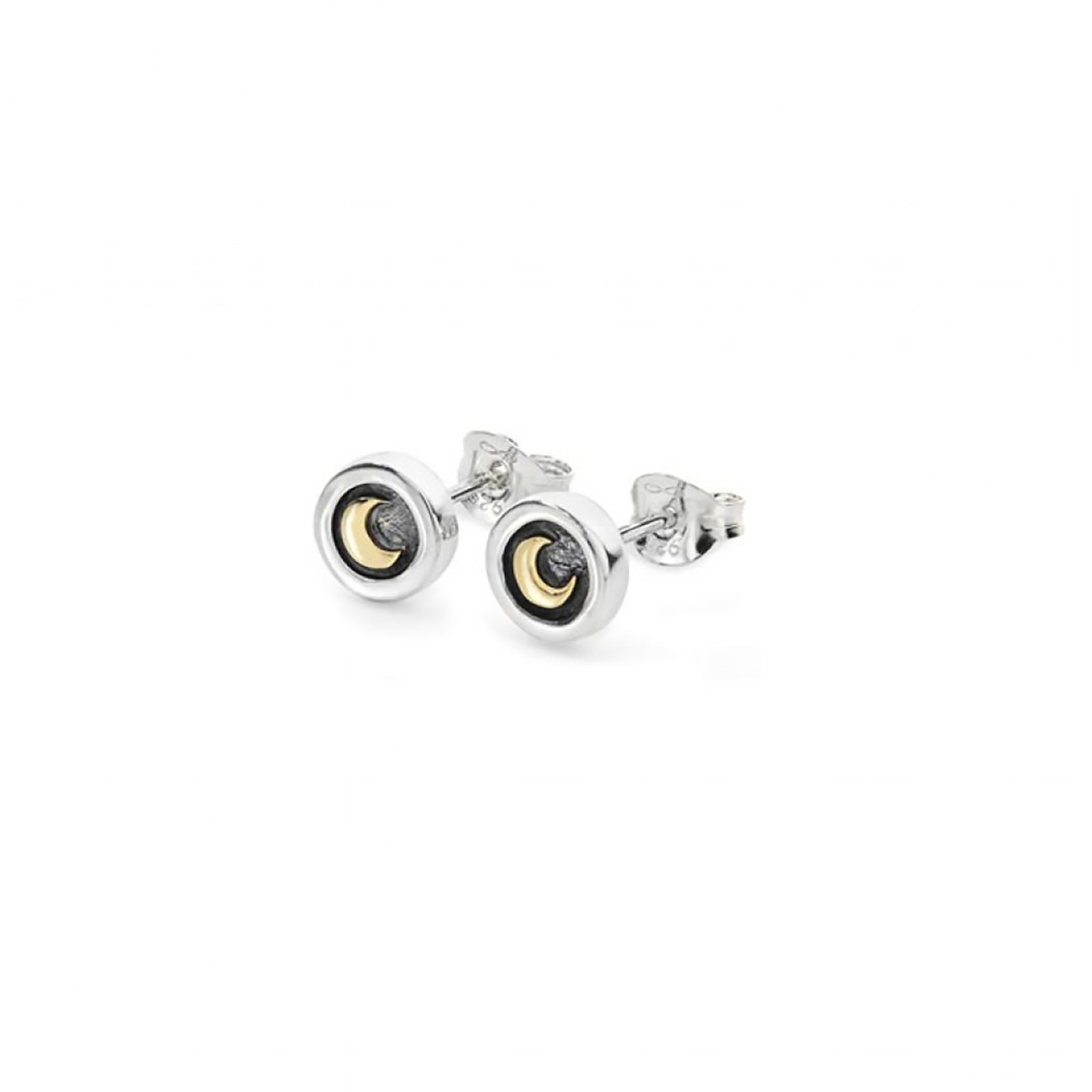 A pair of round silver frame stud earrings with oxidised detail and yellow moons