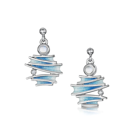 A pair of abstract silver drop earrings with blue enamel, moonstone and cubic zirconia