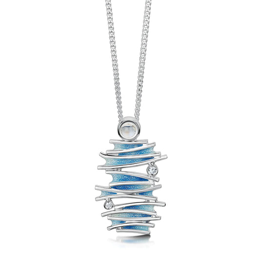 A long abstract silver pendant with blue enamel, moonstone and cubic zirconia