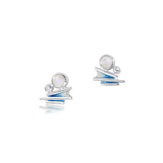 A pair of abstract silver stud earrings with blue enamel, moonstone and cubic zirconia