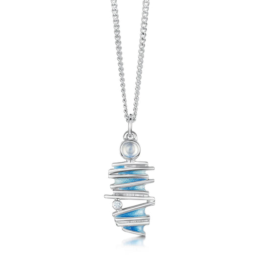 A silver abstract necklace featuring blue enamel, moonstone and cubic zirconia 