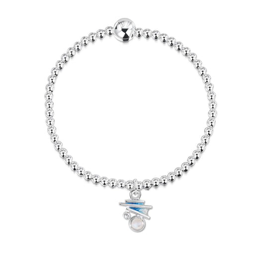 A silver beaded bracelet with an abstract pendant in blue enamel, moonstone and cubic zirconia