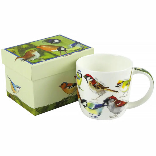 A white mug featuring illustrations of various British birds, next to a matching gift box