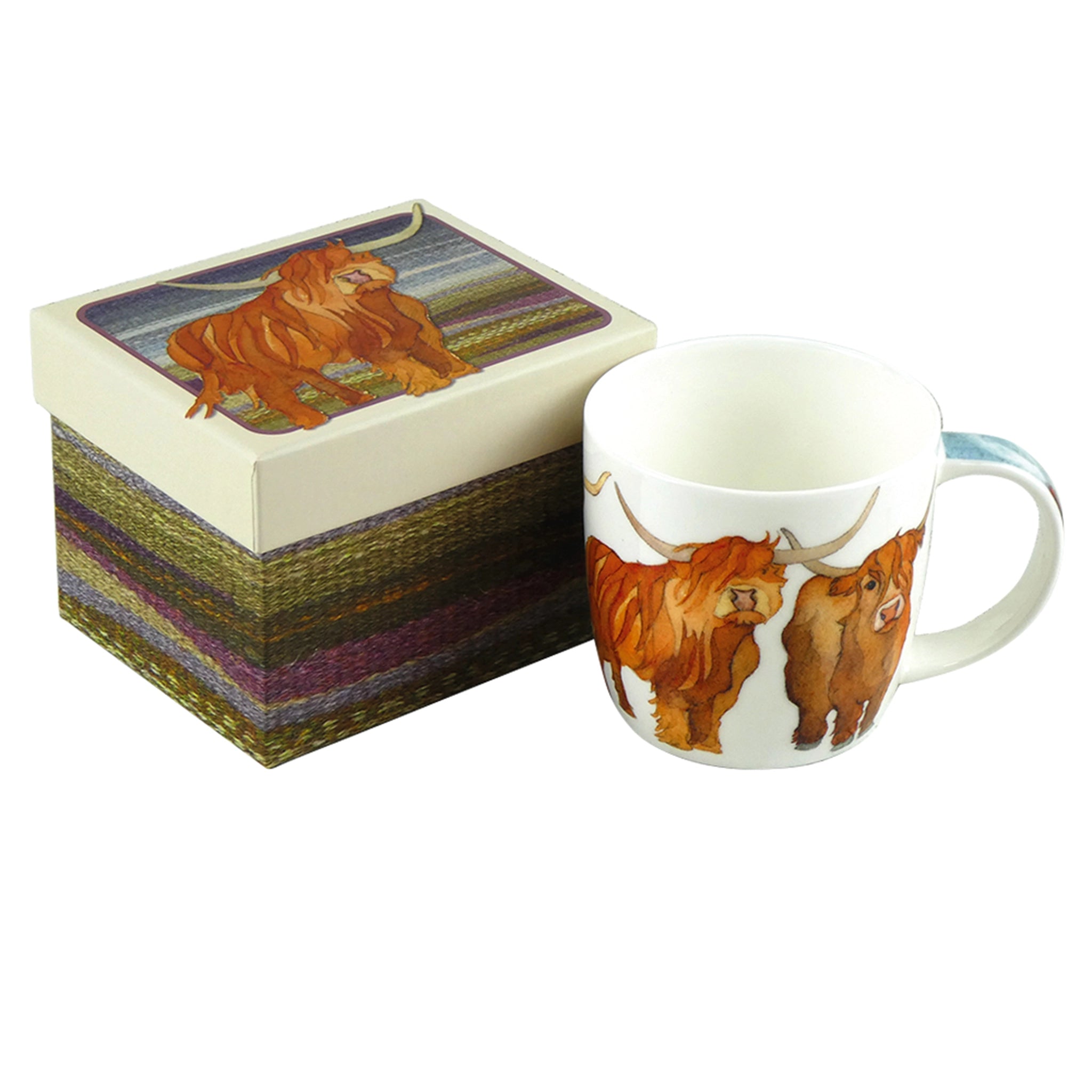 A white china mug featuring a row of highland cows