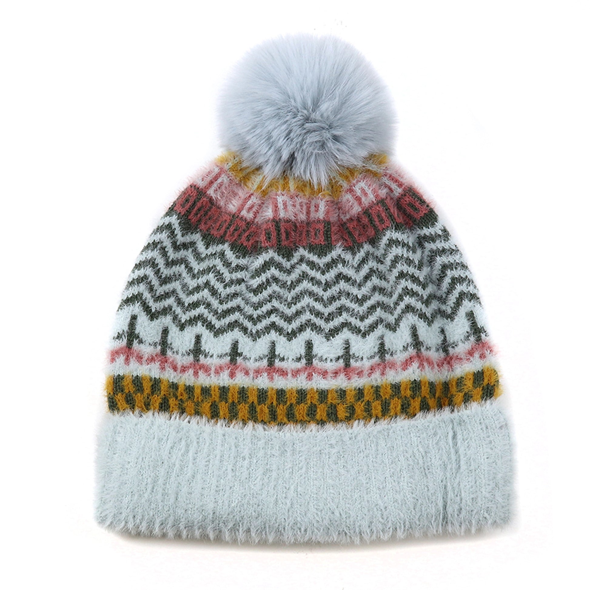 Multi patterned brushed knitted hat with faux fur pompom in aqua, pink and yellow