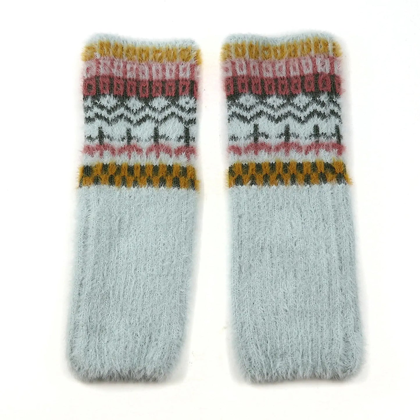 Pair of knitted long wrist warmers with a brushed finish and mix patterns in mustard and pink