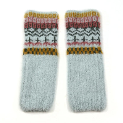 Pair of knitted long wrist warmers with a brushed finish and mix patterns in mustard and pink