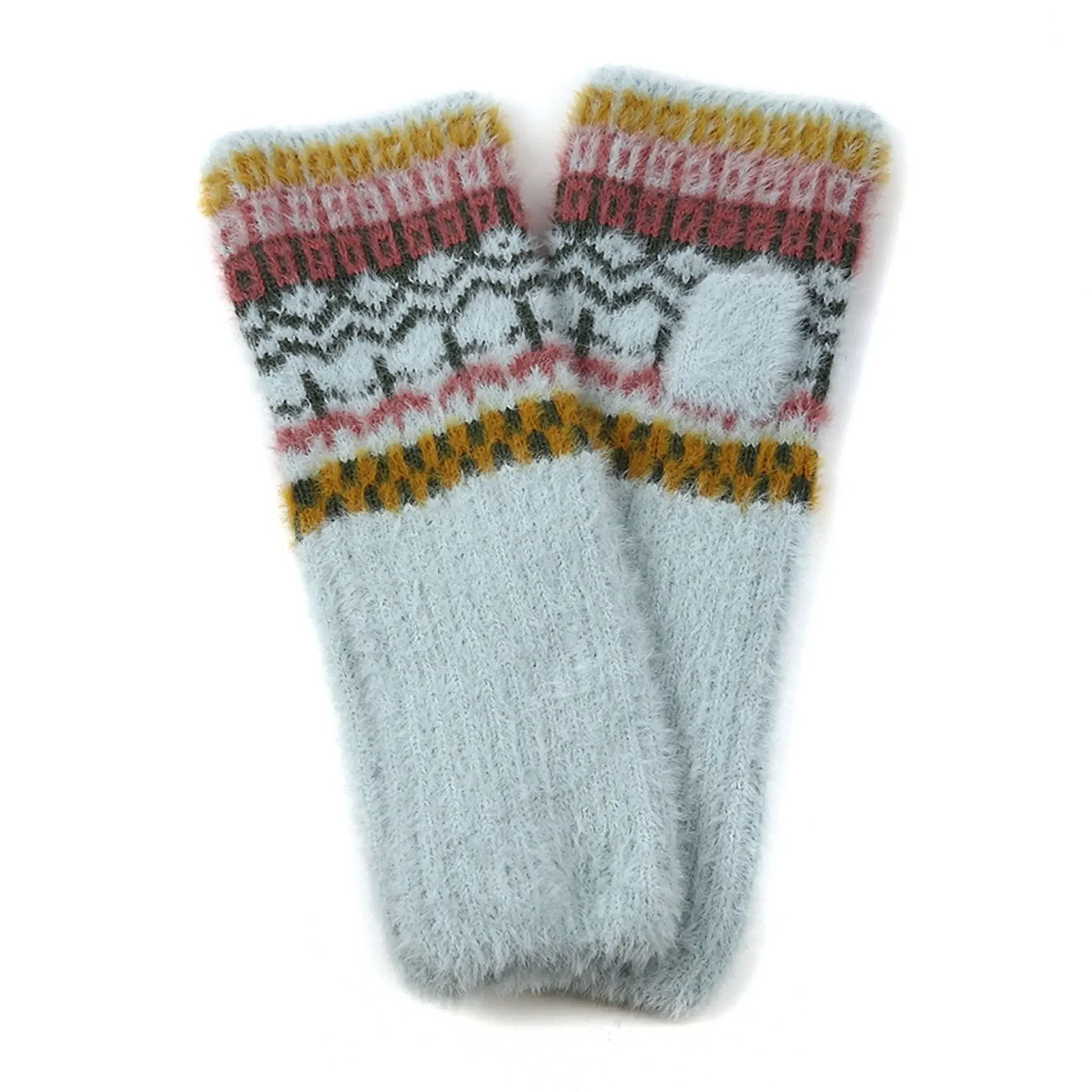 Pair of knitted long wrist warmers with a brushed finish and mix patterns in mustard and pink