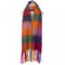 A chunky knit multicoloured block patterned scarf with tassel trim