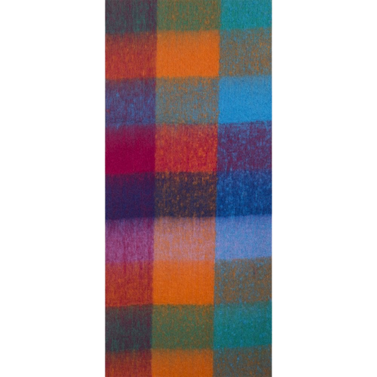 A chunky knit multicoloured block patterned scarf 