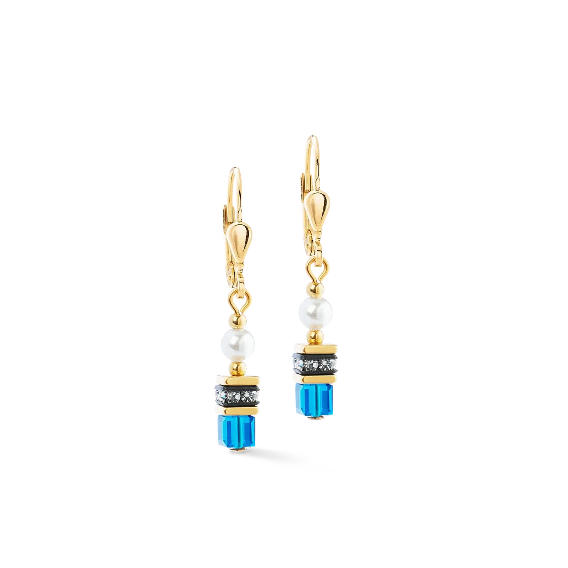 Yellow gold stainless steel earrings with blue stones and white pearls