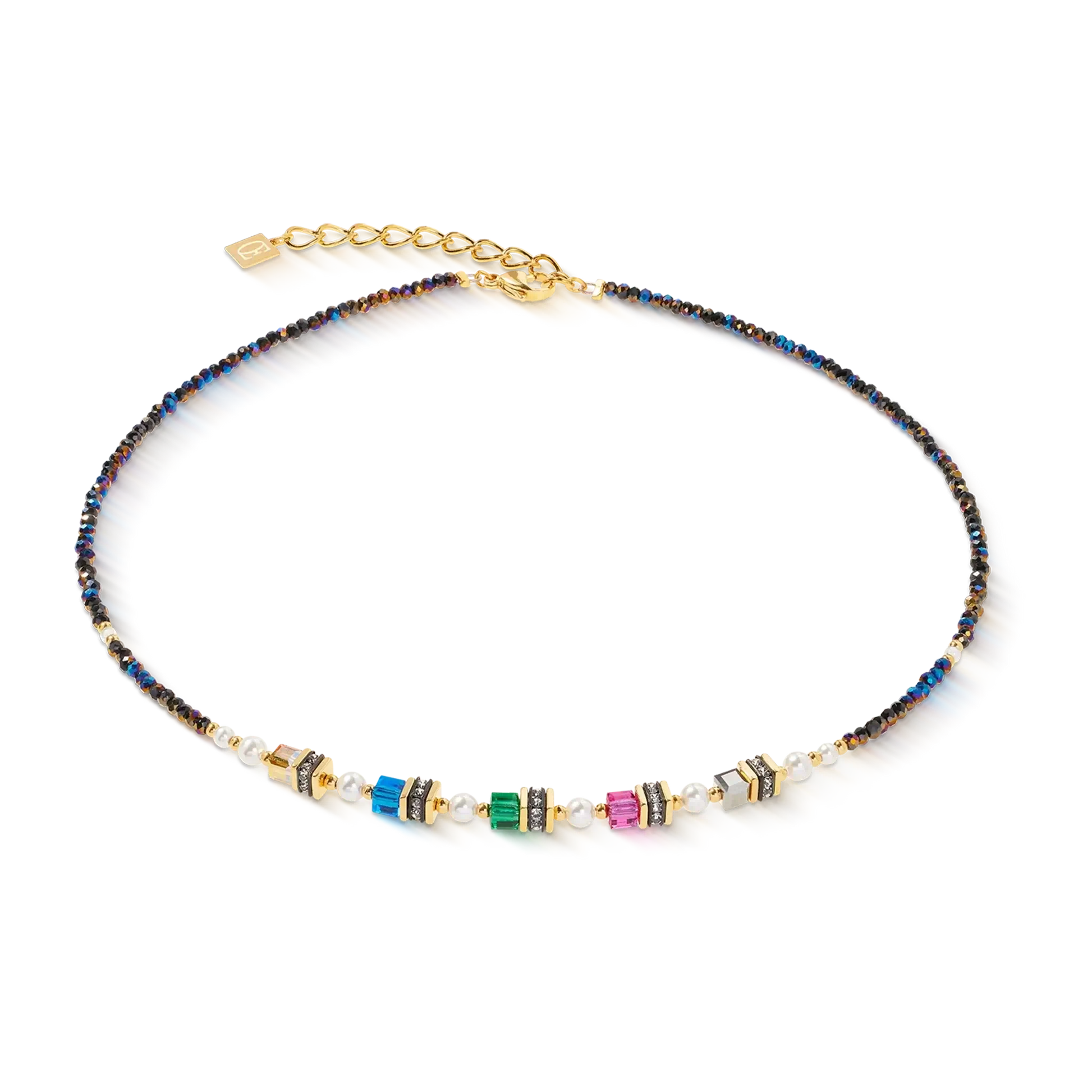 Multicolour cut glass and pearl beaded necklace 