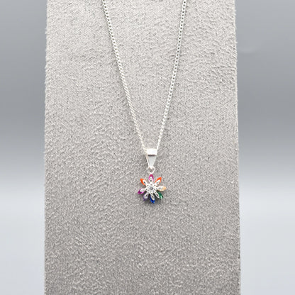 Silver star flower shaped pendant with multicolour CZ stone petals