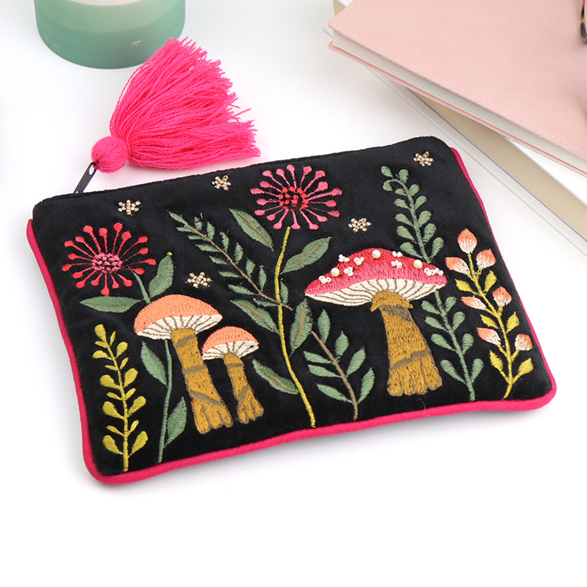 Black velvet pouch bag embroidered with mushrooms and foliage