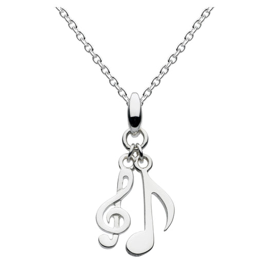 A silver pendant featuring musical symbols; a treble clef and a quaver note