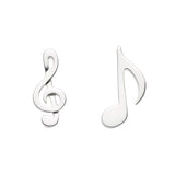 A pair of silver earrings with one shaped like a treble clef and the other a quaver note