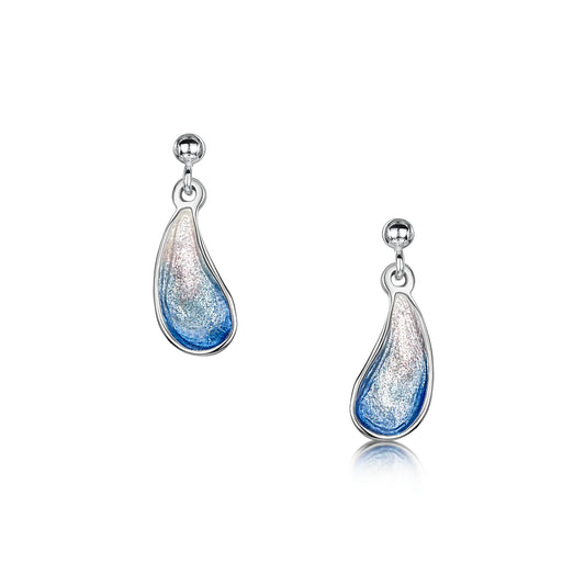 A pair of silver drop earrings shaped like mussel shells with a blue and pearl enamel