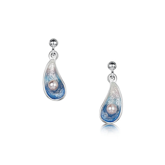 Pair of silver drop earrings in the shapes of mussel shells, with blue enamelling and pearls
