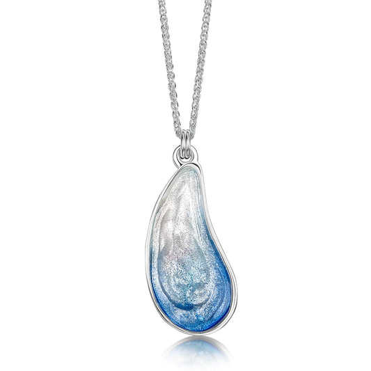 A silver pendant in the shape of a mussel shell with blue and pearl enamelling on a silver chain