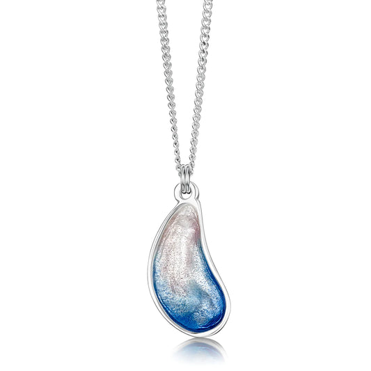 Silver pendant in the shape of a mussel with a pearly white and blue enamel, on a silver chain