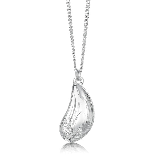 A silver mussel pendant with textured details and a silver chain