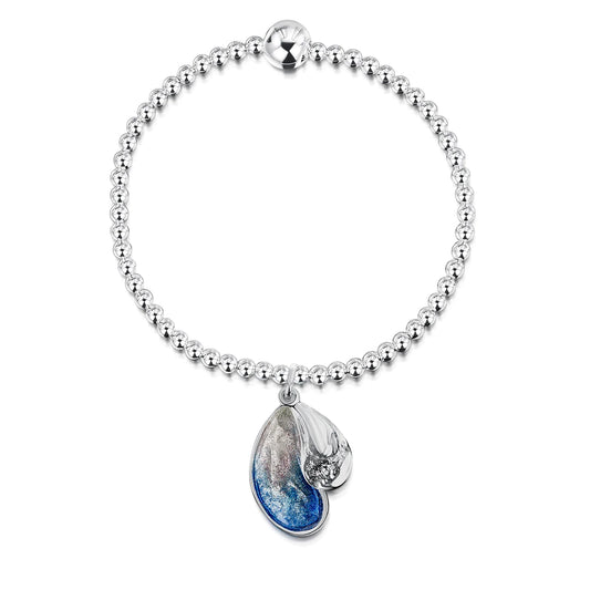 A silver beaded bracelet with a drop pendant in the shape of mussels in blue enamel