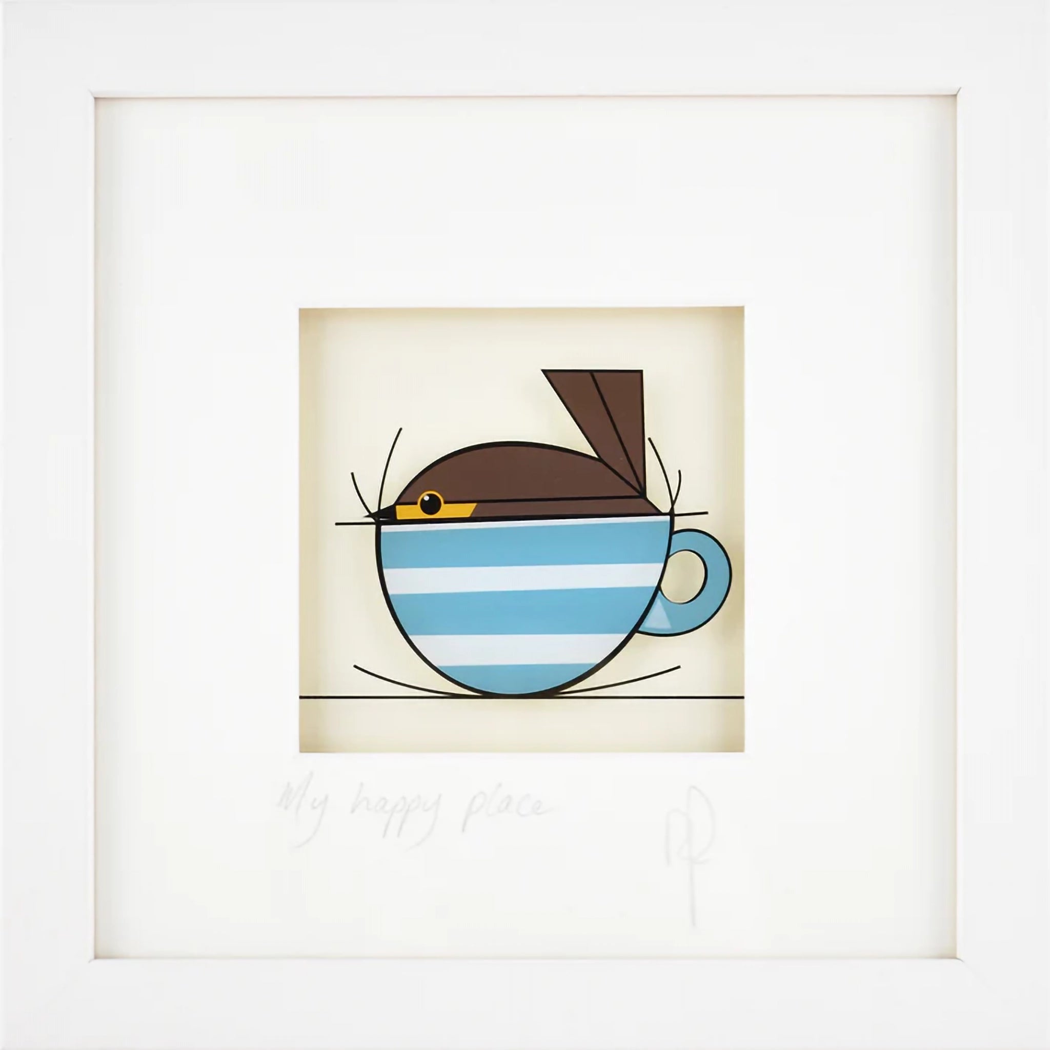 A square framed print featuring a robin in a teacup