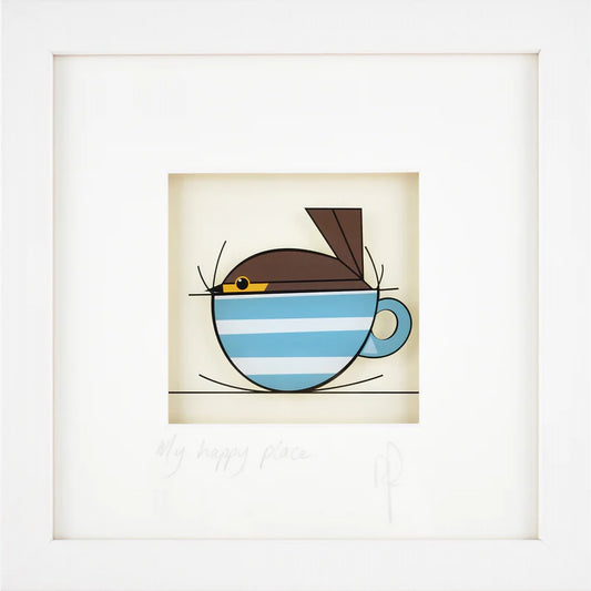 A square framed print featuring a robin in a teacup