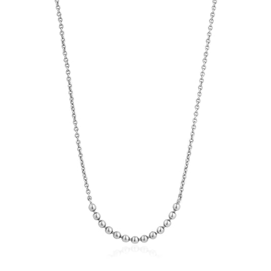 Silver necklace will delicate chain and row of 13 joined silver balls design