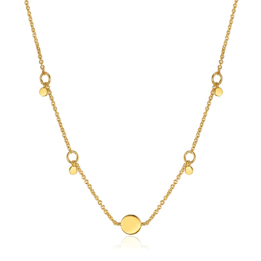 A symmetrical gold chain necklace featuring four small drop discs and one larger disc pendant in the centre