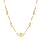 A symmetrical gold chain necklace featuring four small drop discs and one larger disc pendant in the centre