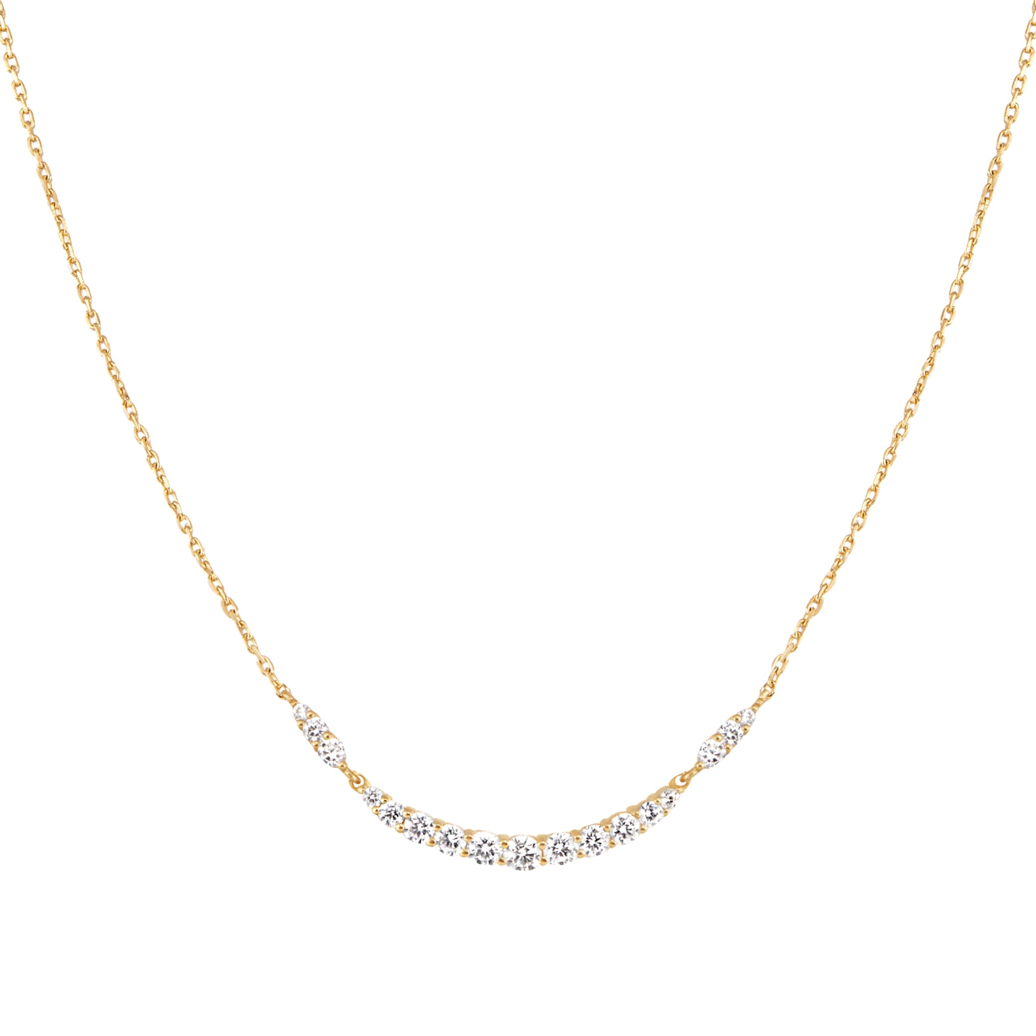 A simple gold chain necklace with CZ stones in a symmetrical arc