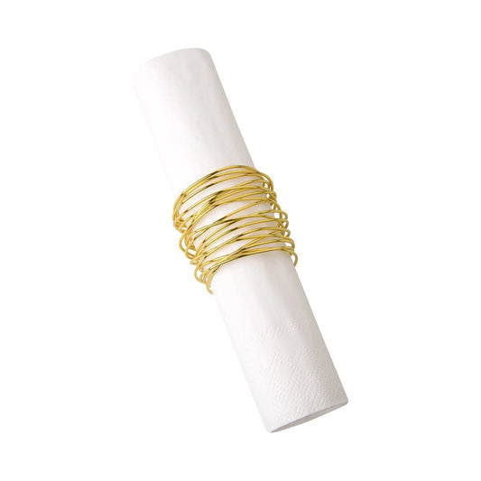 A gold napkin ring with a looping tangle design