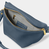 Open belt bag in faux leather and navy blue with gold hardware