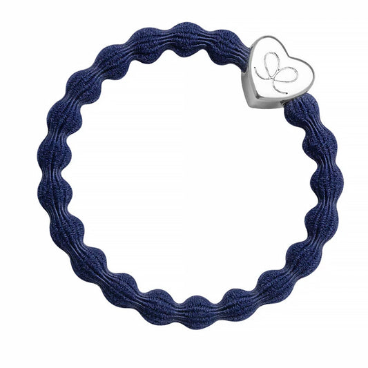 Elastic bubble hair band in navy with silver heart charm