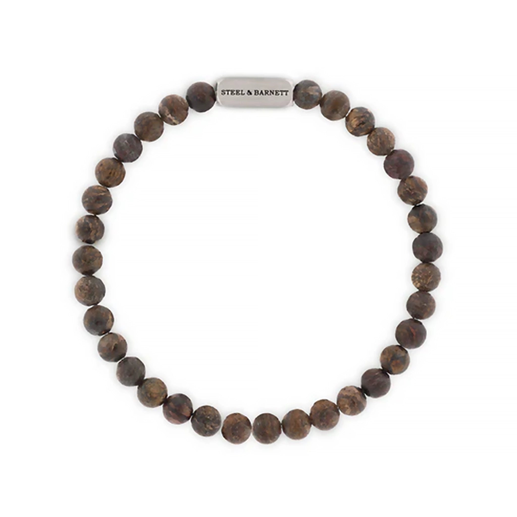 A natural bronzite stone elastic bracelet with brushed silver branded stainless steel detail