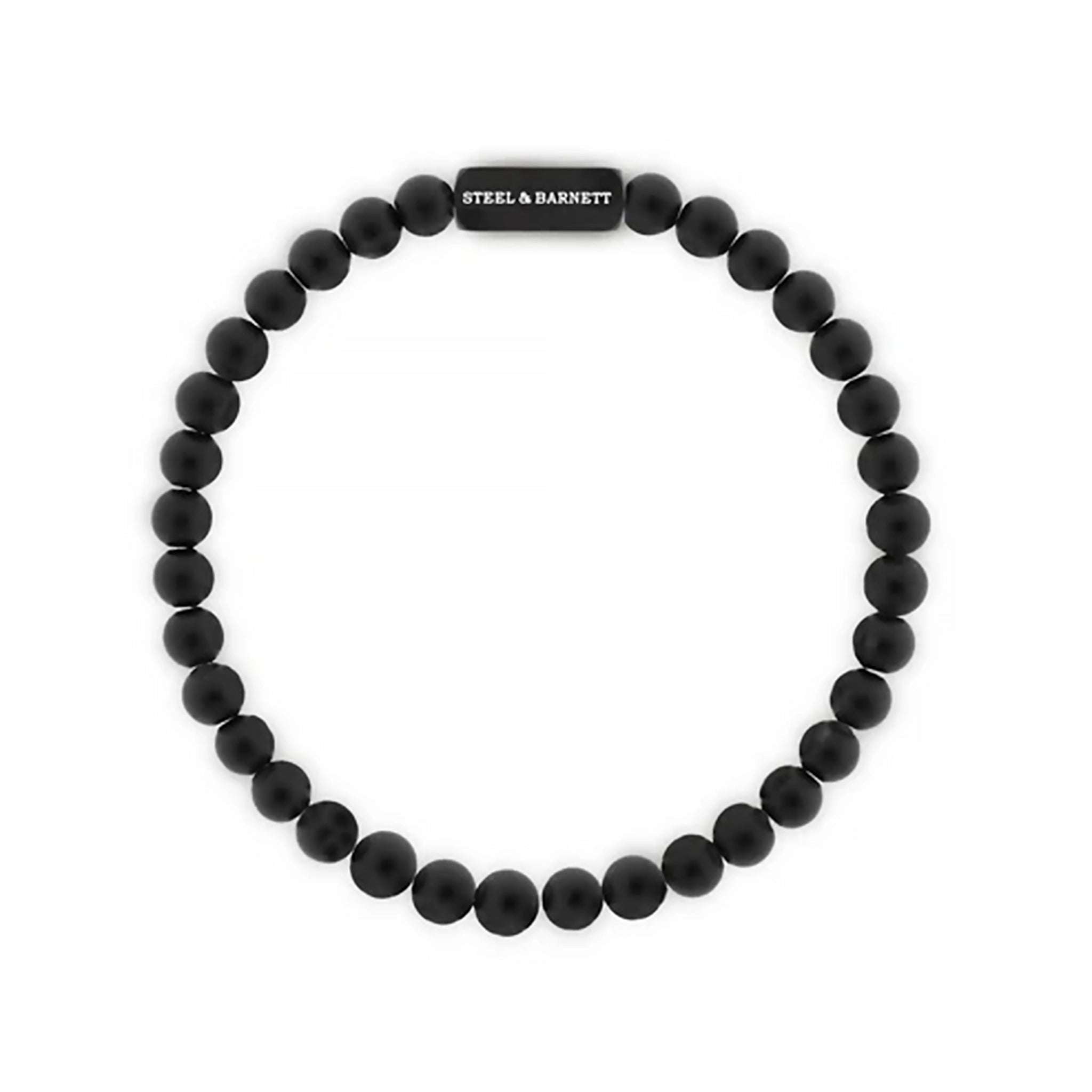 A black natural onyx stone elastic bracelet with branded stainless steel detail