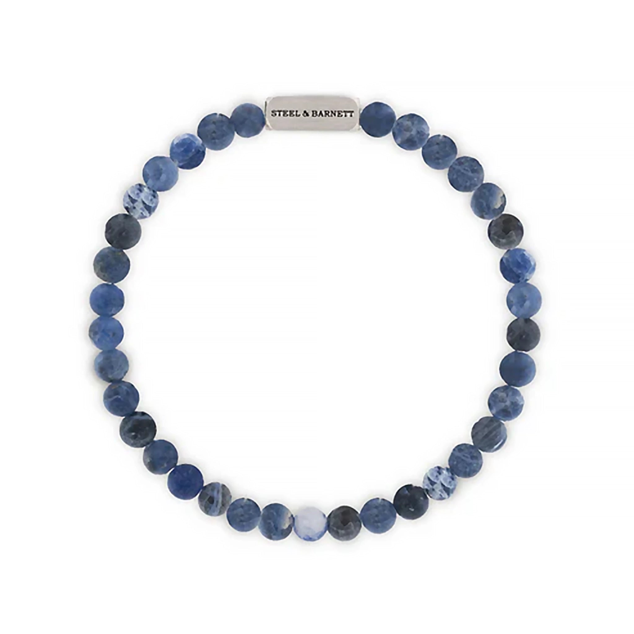 A natural sodalite stone elastic bracelet with brushed silver branded stainless steel detail