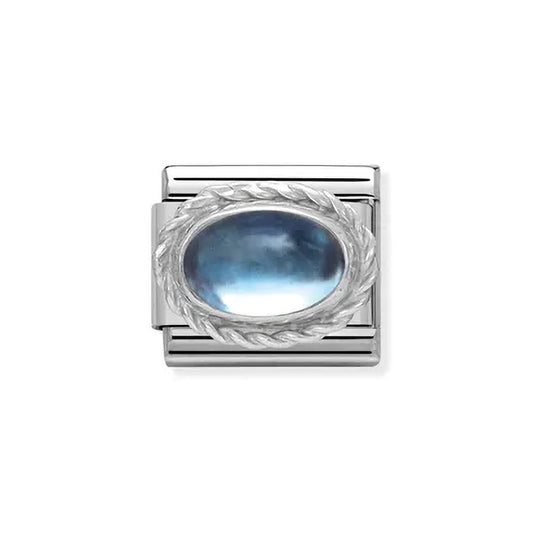 Stainless steel composable link, with light blue topaz stone set in sterling silver twist surround