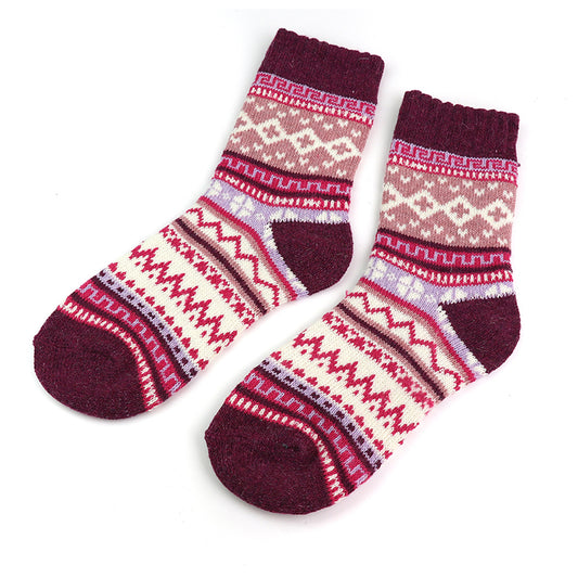 Nordic style stripe patterned socks in burgundy, pink, white and purple