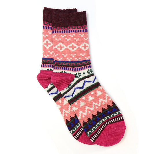 A pair of Nordic patterned wool socks in pink and burgundy