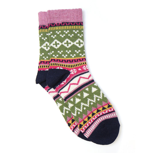 A pair of wool socks with Nordic stripe pattern in purple, pink and green