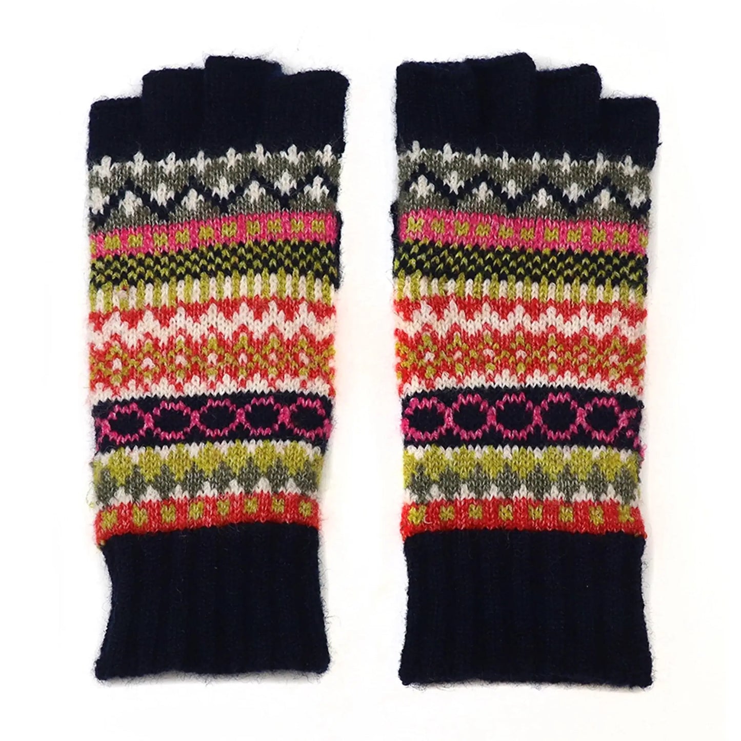 Pair of Nordic stripe pattern fingerless gloves in blue, green and rust colours