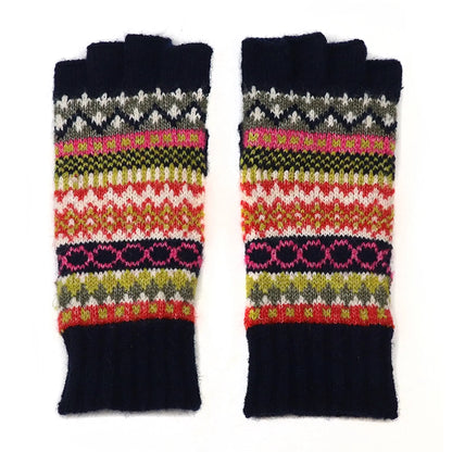 Pair of Nordic stripe pattern fingerless gloves in blue, green and rust colours