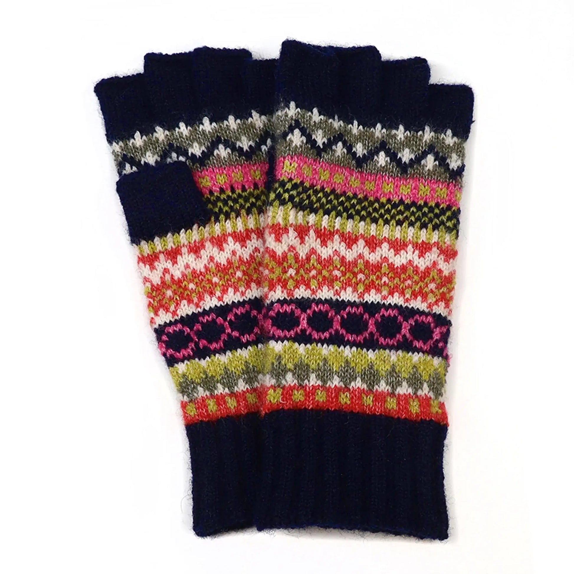 Pair of Nordic stripe pattern fingerless gloves in blue, green and rust colours